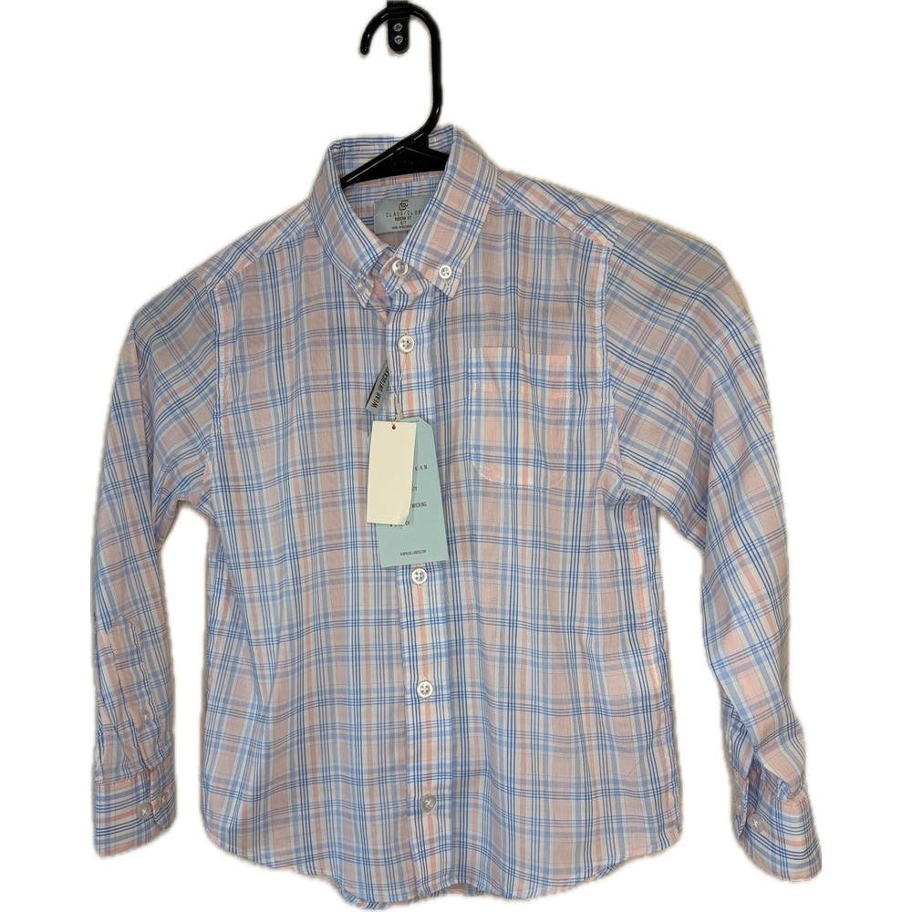 Class Club Boys Modern Fit Plaid Button Down Shirt Blue Pink 6/7